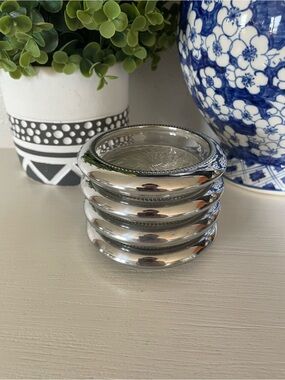 Vtg Park Sherman Glass Coasters Beaded Silver Color Set of 4 MCM Swirl Bottom